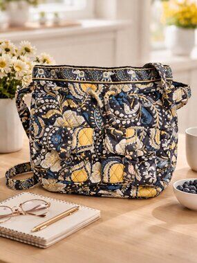 Vera Bradley Ellie Blue & Yellow Elephant Drawstring Crossbody Bag flap pockets